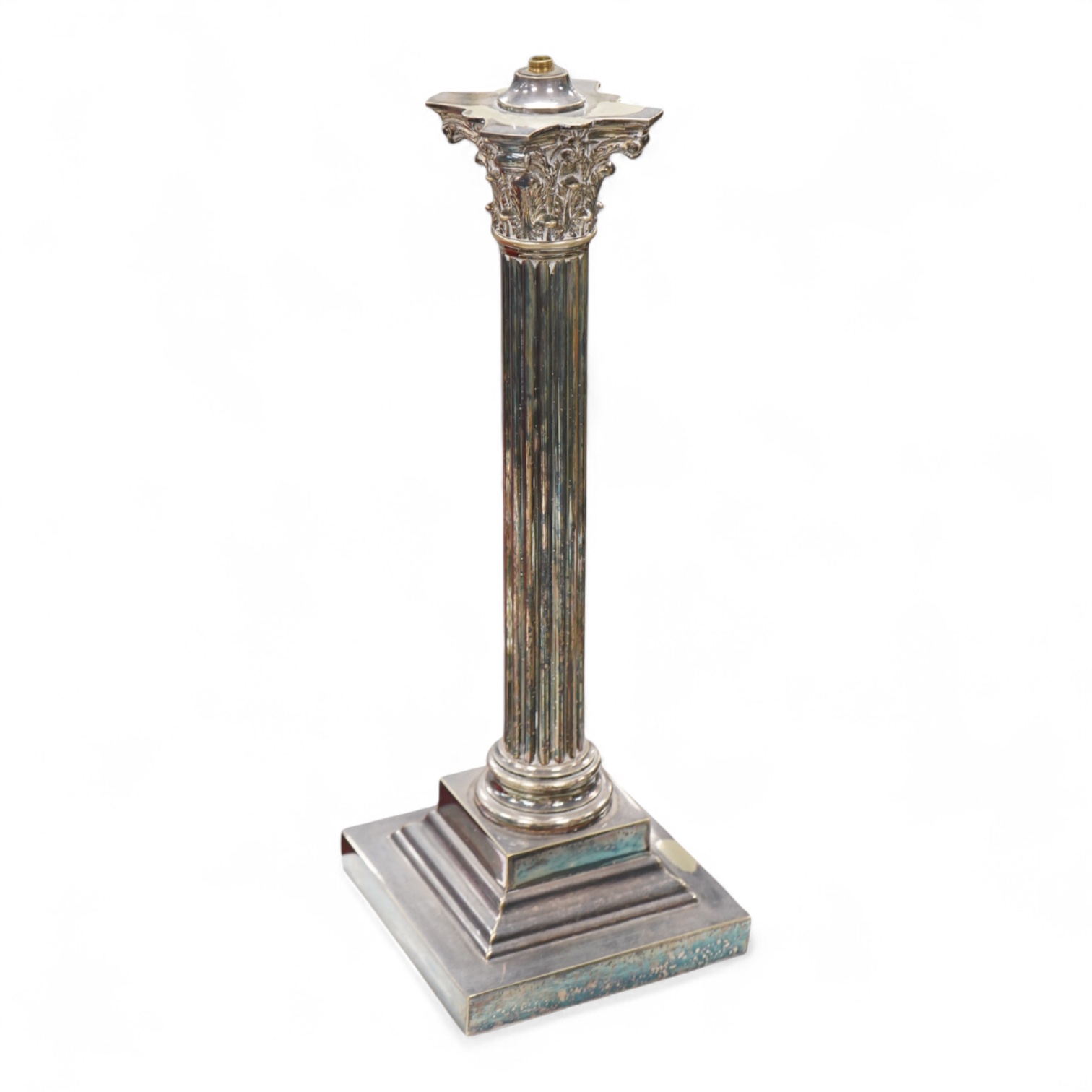 A Corinthian column silver plated lamp with stepped base, 50cm high